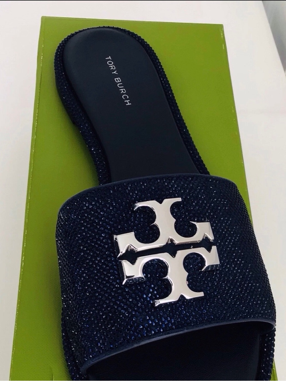 Tory Burch Everly Slide Leather Rhinestones Sandals-Navy New In Box - Picture 5 of 10